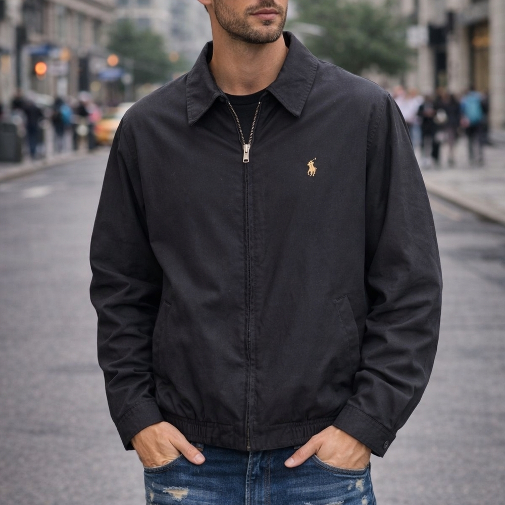 Polo Ralph Lauren Harrington Jacket Mens Large Black Full Zip Cotton Classic Log